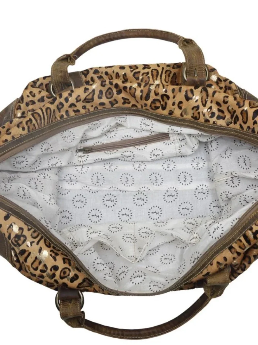 Myra Leopard Print Leather Travel Duffel Bag - Brown Gold Black